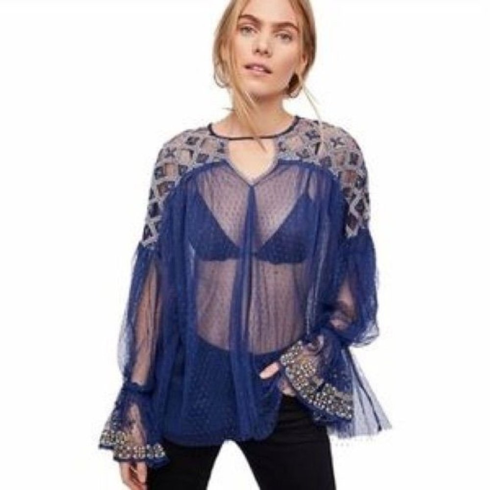 Free People Blue Gold Joy Ride Sheer Embroidered Poet Sleeve Top, Sz M, NWT $148 - Picture 1 of 10